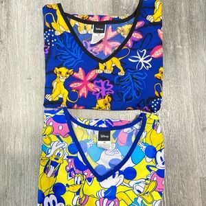 Two Disney Lion King Pattern & Mickey Mouse Scrub Tops, Light Weight Size Medium